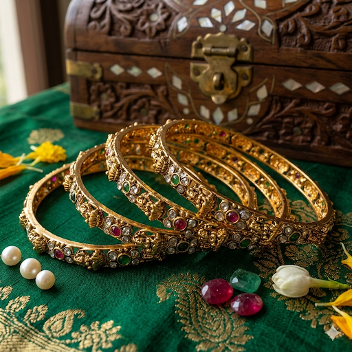 Premium Temple with kemp stone Bangles ( a set of 4) - work to event