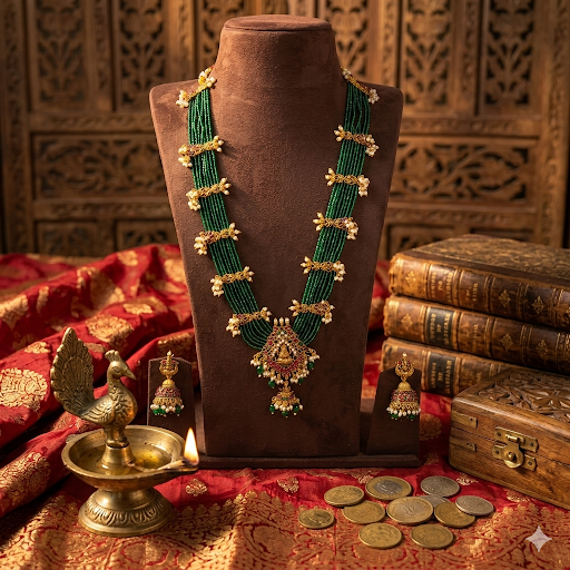 Zamindarani Green with Red Kemp stone Haram - occasion wear