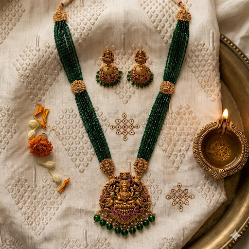Premium green crytal pearl layering with Temple kemp pendant haram - occasion wear