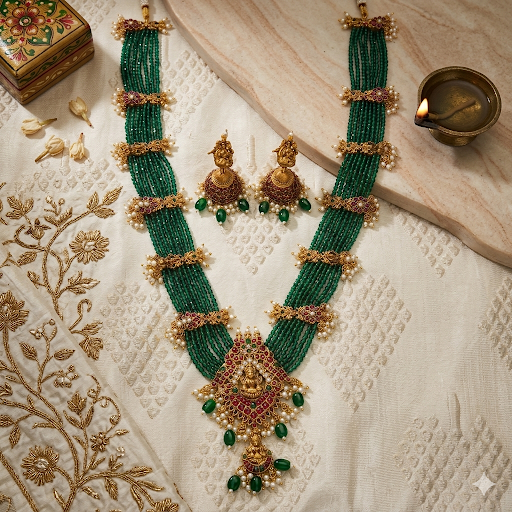 Zamindarani Green with Red Kemp stone Haram - occasion wear