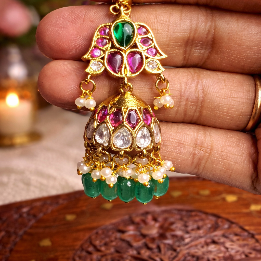 Zamindarani pink and green Kemp stone Jhumkas with matal