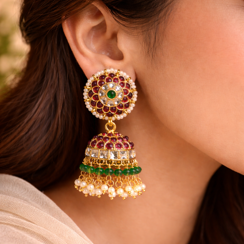 Premium Red Kemp stone with pearl Jhumkas - occasion wear
