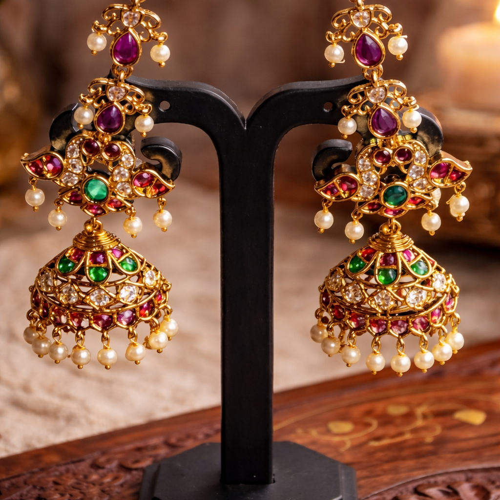 Premium pink with green kemp stone and pearls Annan Jhumkas with mattal - occasion wear