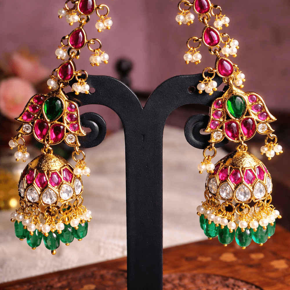 Zamindarani pink and green Kemp stone Jhumkas with matal