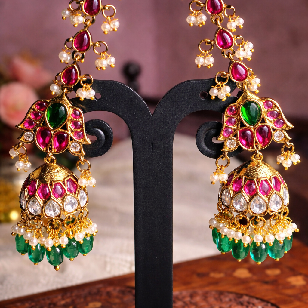 Zamindarani pink and green Kemp stone Jhumkas with matal