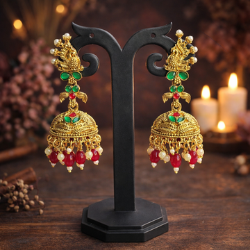 Premium chettinadu red and green kemp stone with pearl Jhumkas