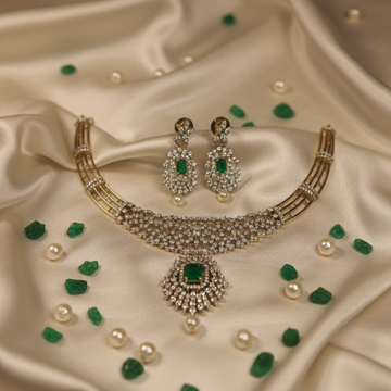 Zenshyn Crown Emerald green AD stone Necklace - Occasion set
