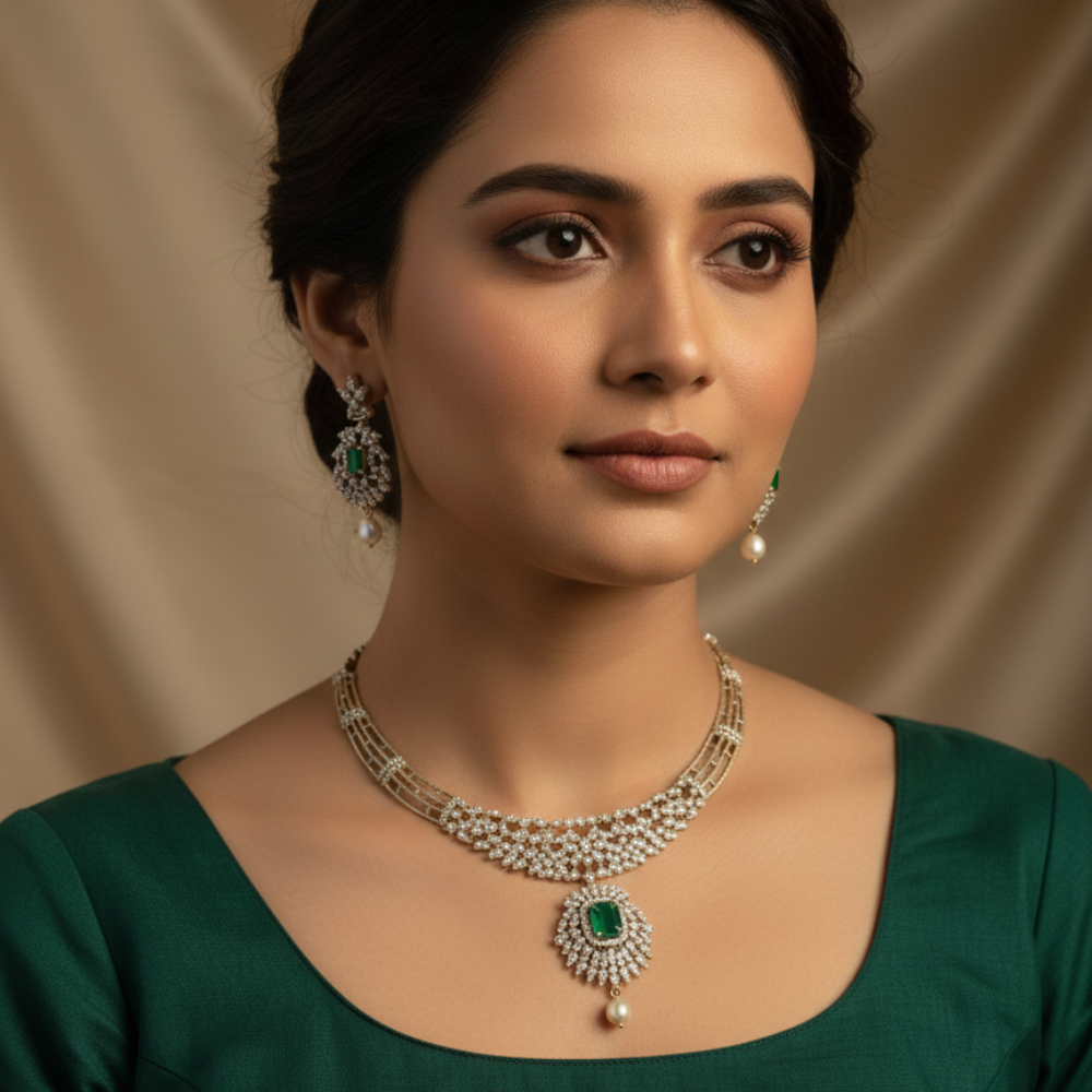 Zenshyn Crown Emerald green AD stone Necklace - Occasion set