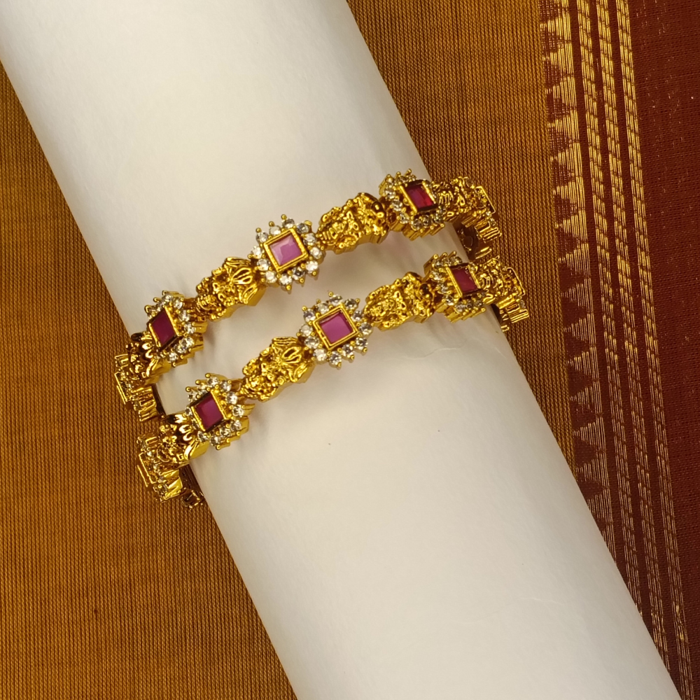 Zenshyn Ornate Lakshmi pink AD stone bangle (a pair of bangles) - occasion wear
