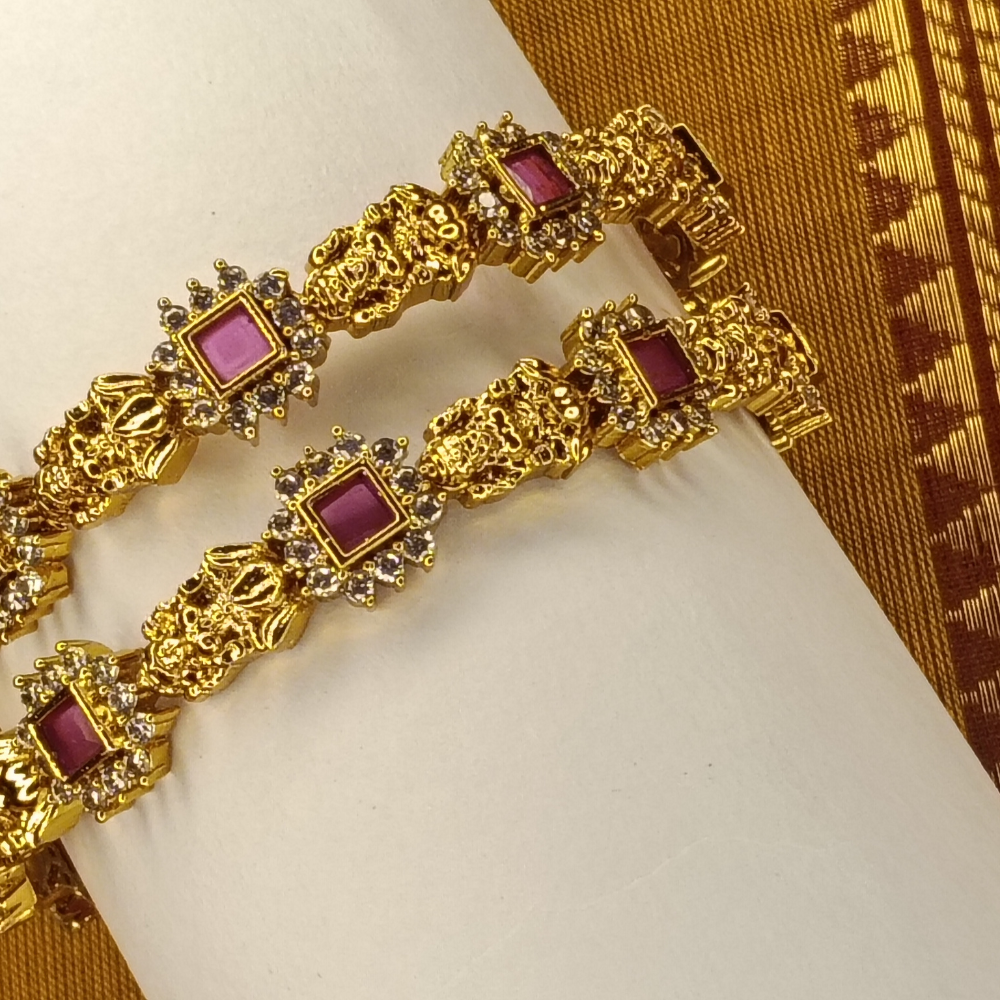 Zenshyn Ornate Lakshmi pink AD stone bangle (a pair of bangles) - occasion wear