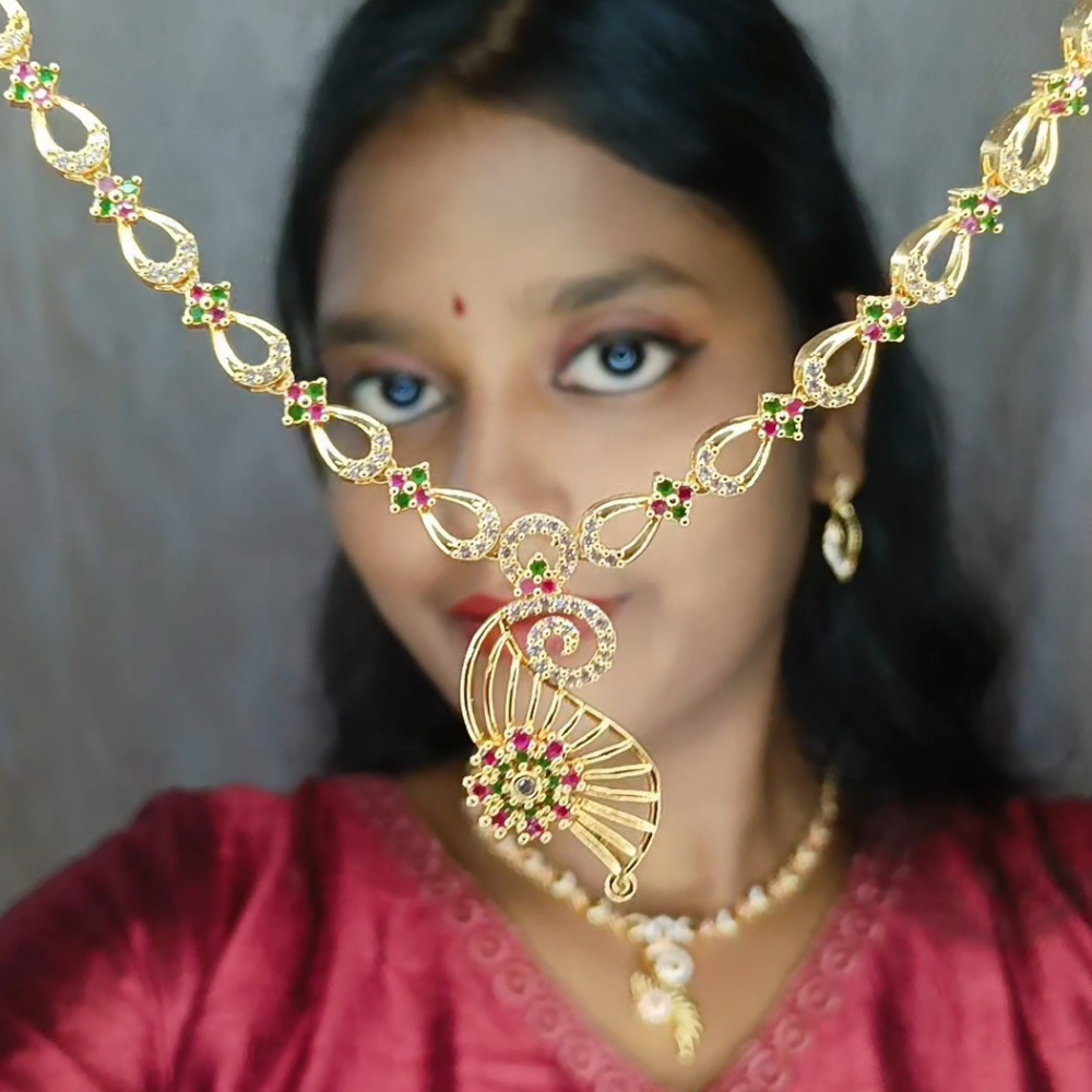 Premium Impon Ruby(Pink) and white stone minimal necklace - work to event