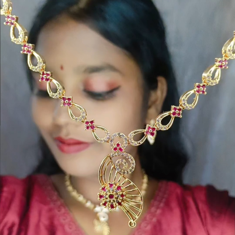 Premium Impon Ruby(Pink) and white stone minimal necklace - work to event
