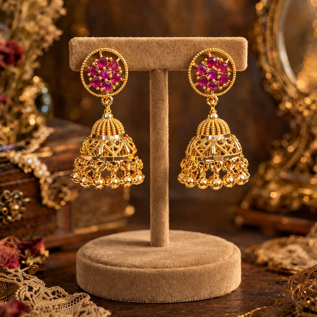 Premium Impon CZ Stone & Ruby Jhumka Earrings Combo – Red - Gift Ready sets