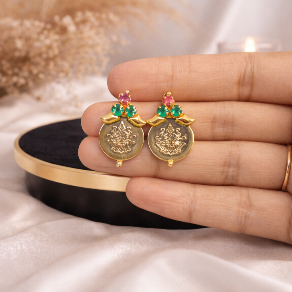 Premium Impon Lakshmi Coin & CZ White Stone Earrings Combo - work to event