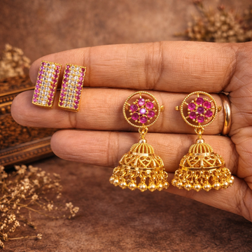 Premium Impon CZ Stone & Ruby Jhumka Earrings Combo – Red - Gift Ready sets